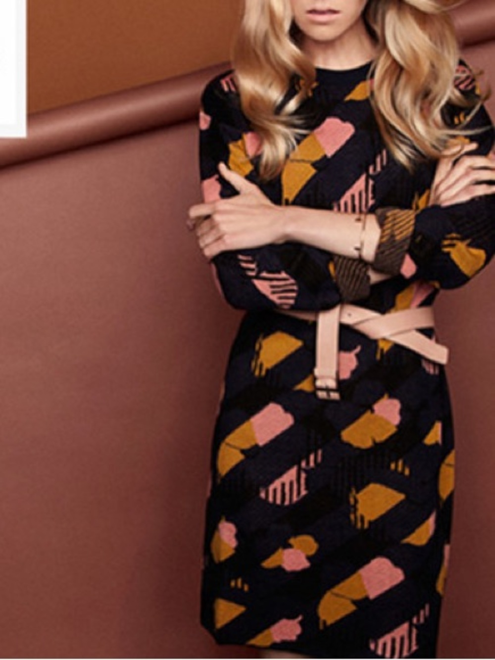 See By Chloe Navy Wool Dress with Pink and Mustard Abstract Long Sleeve S XS